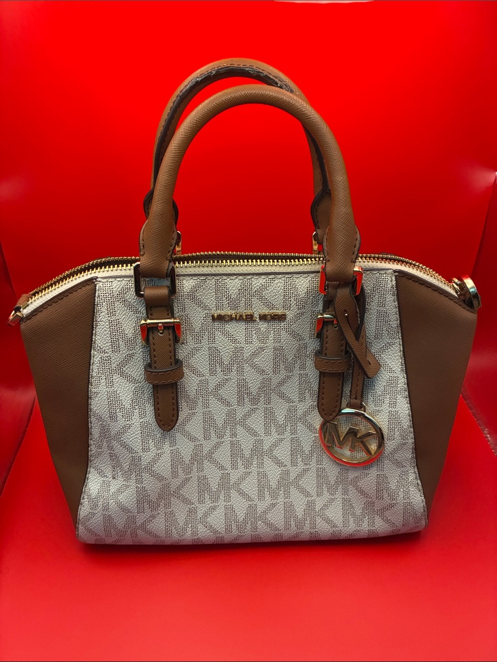 Michael Kors Brown and Beige Logo Satchel with Gold Hardware needs strap